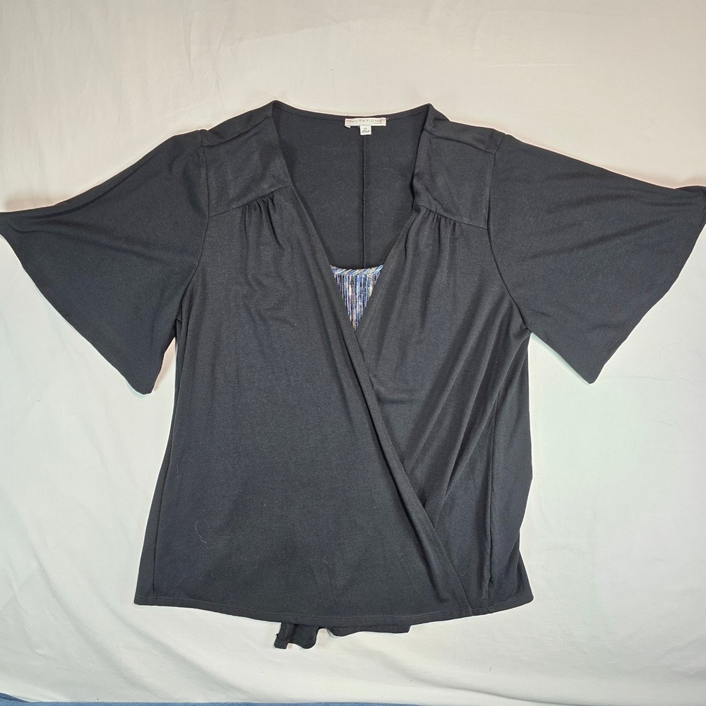 Notations Woman Black Faux Wrap Top Metallic Inset Flutter Sleeve 2X WKPF0057